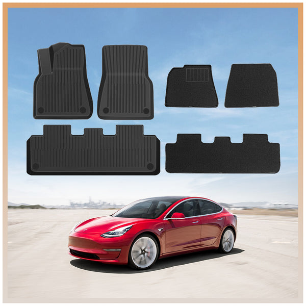 Tesla Model 3/3 Highland Dual Layer TPE with Carpet Premium Floor Mats - 6PCS Set